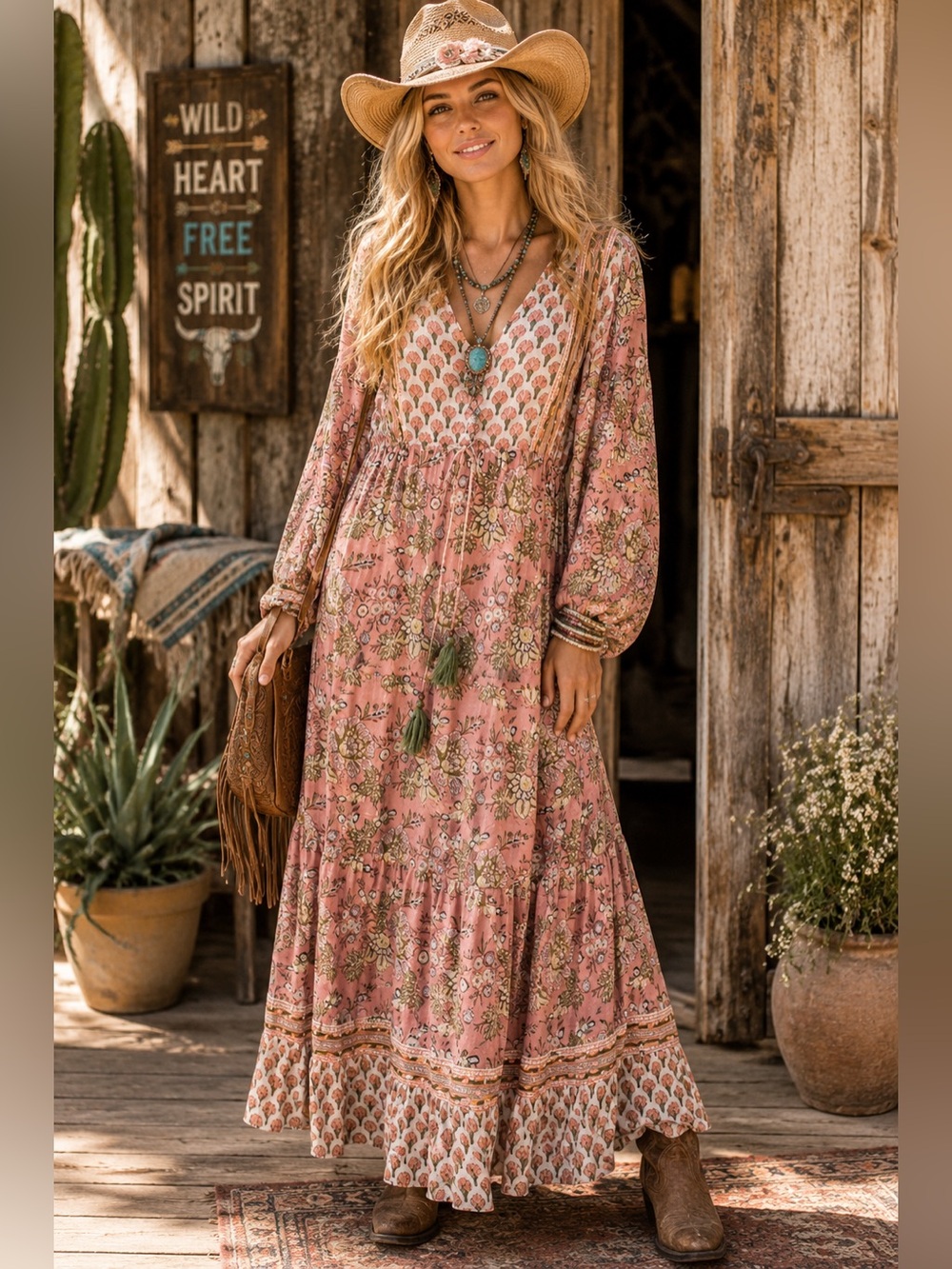 Jaded Gypsy L/XL Boho Pink Floral Maxi Dress with Tassel Tie